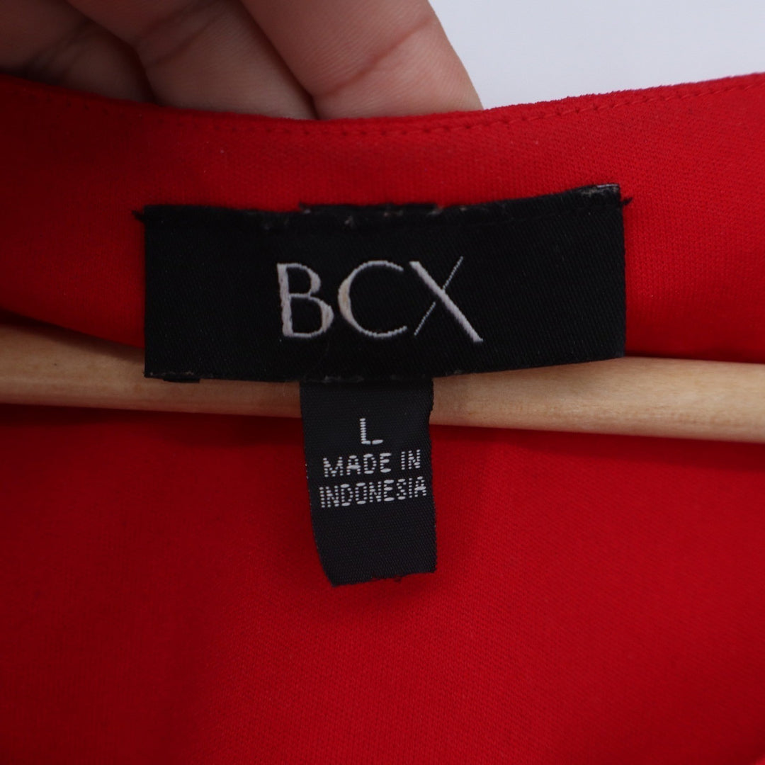 BCX Red Bell Sleeve Blouse Lattice Crochet Pleated Front Chiffon Top Large