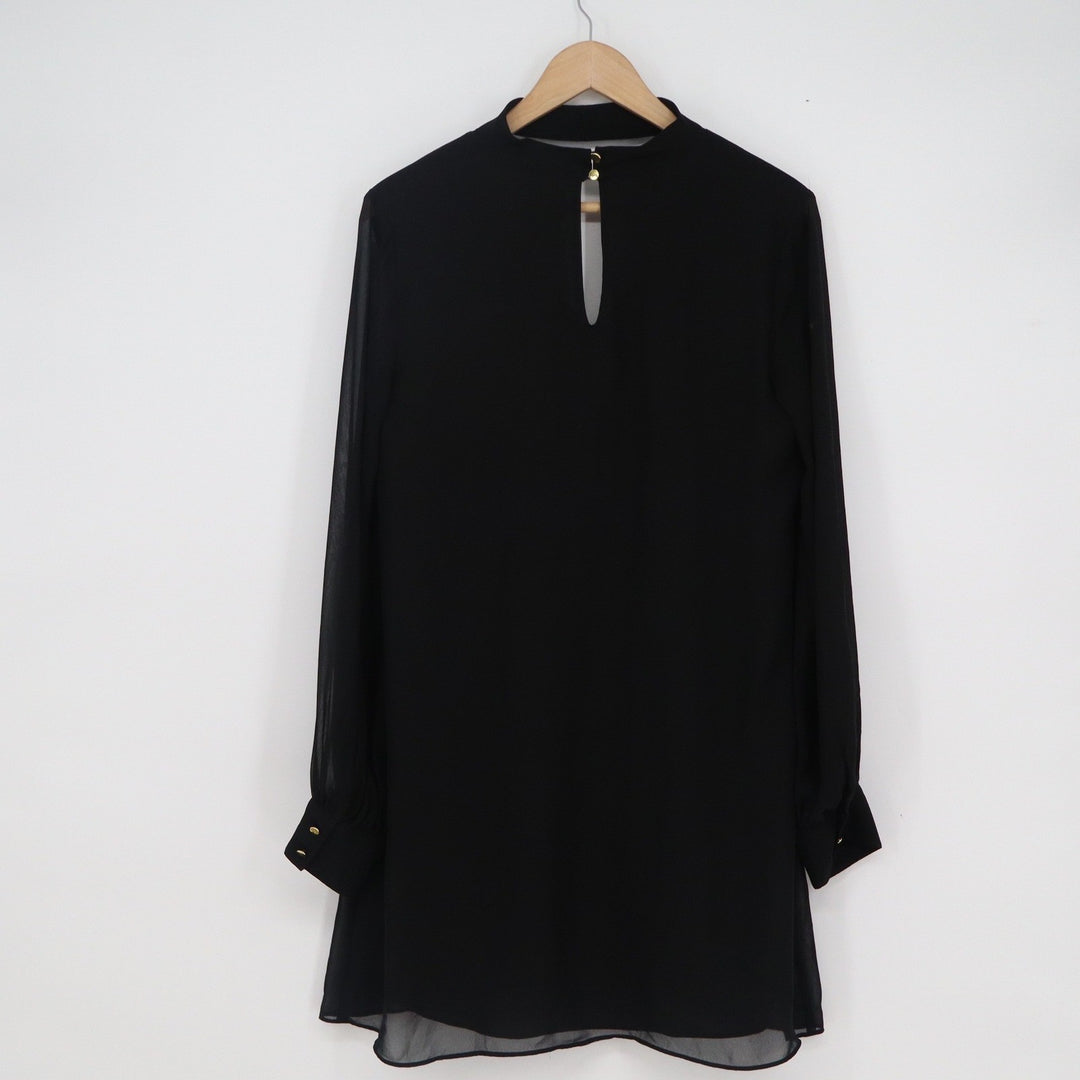CeCe Black Choker Neck Sheer Long Sleeve Chiffon Shift Mini Dress Size 6