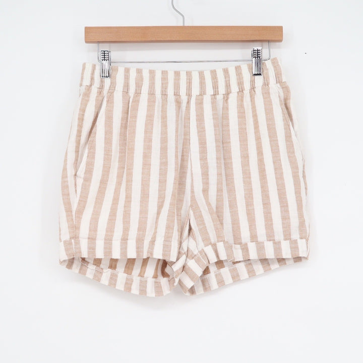 Old Navy Tan White Striped Linen Cotton Blend Elastic Waist Shorts Small