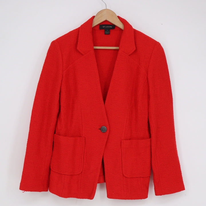 St. John Women Red Wool Blend Knit Blazer Jacket Size 10 Single Button USA Made