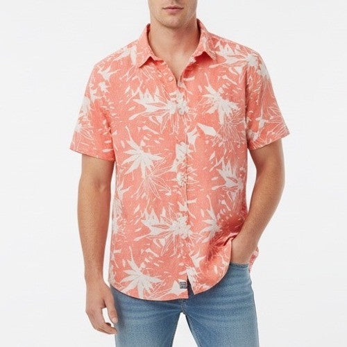 American Eagle Mens Short Sleeve Button Up Shirt Coral Floral Print Size S
