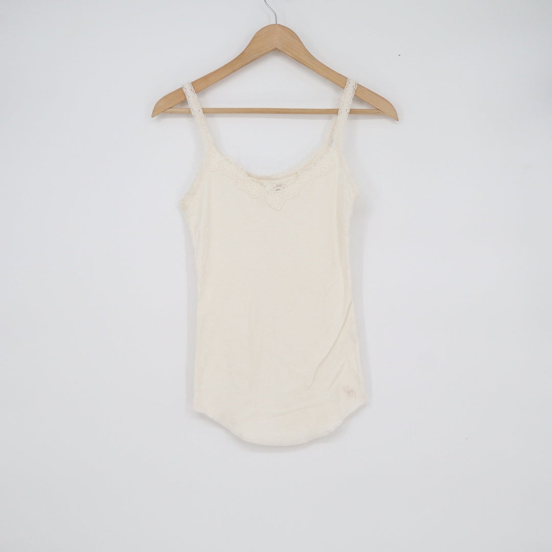 Abercrombie & Fitch Cream Lace Trim Ribbed Camisole Top Small Off-White V-Neck