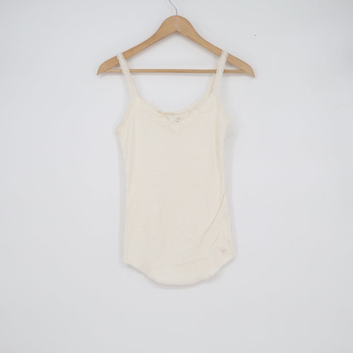 Abercrombie & Fitch Cream Lace Trim Ribbed Camisole Top Small Off-White V-Neck