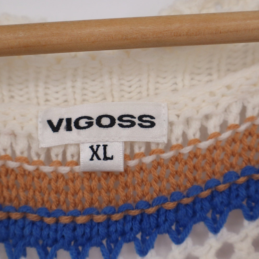 Vigoss Multicolor Striped Crochet Knit Cardigan Sweater XL Button Front Boho