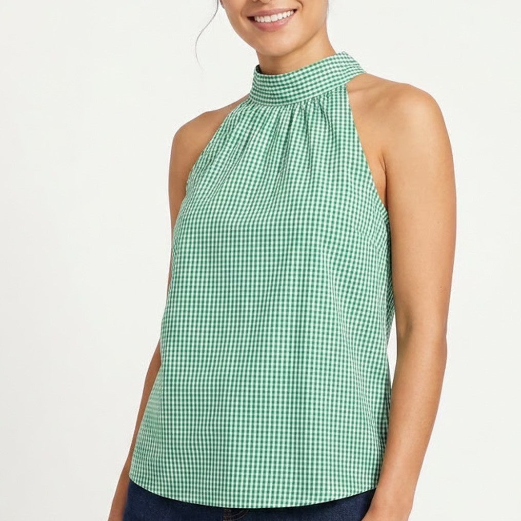 J.Crew Green Gingham Halter Top Tie Back Bow Sleeveless Blouse Size 2