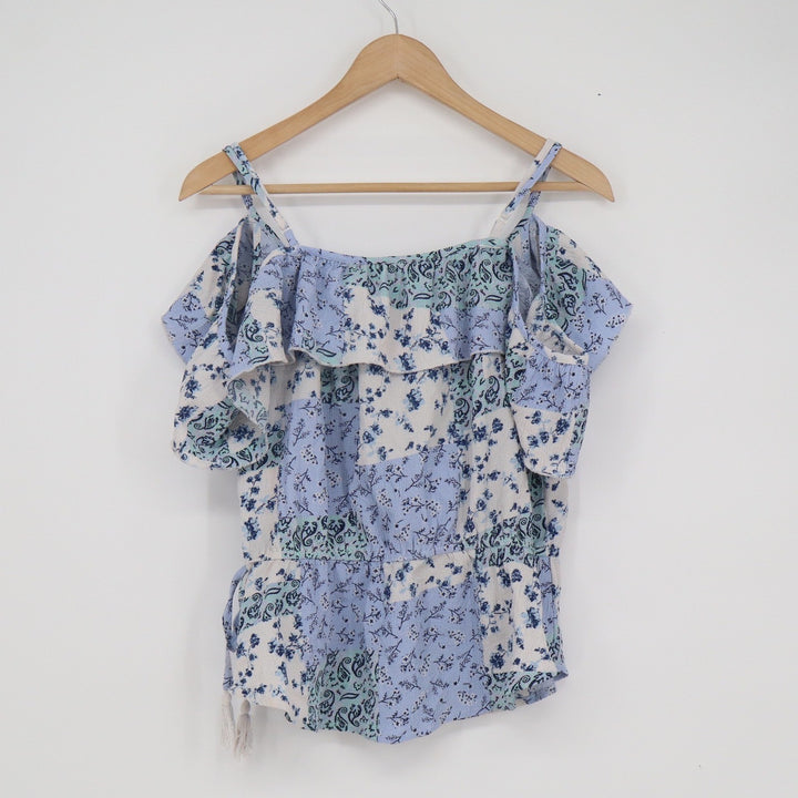 Hint of Blush Blue Patchwork Floral Cold Shoulder Ruffle Side Tie Top Large
