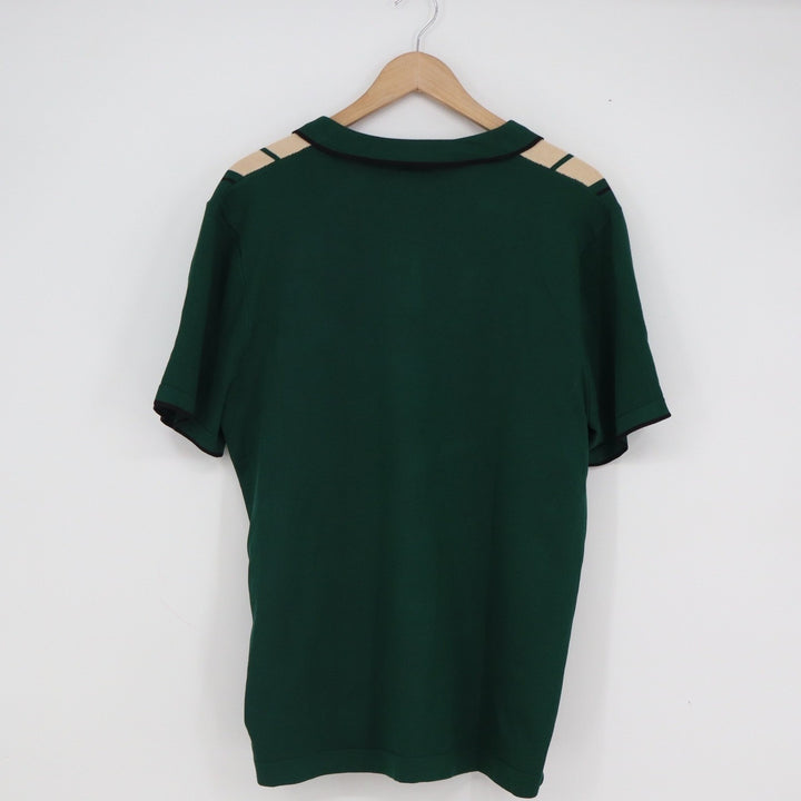 COOFANDY Mens Green Knit Polo Shirt Vertical Stripe Retro Short Sleeve Large NEW