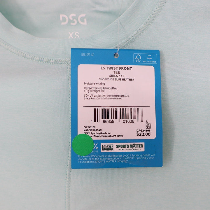 DSG Girls XS 6-7 Shoreside Blue Heather LS Twist Front Performance Tee