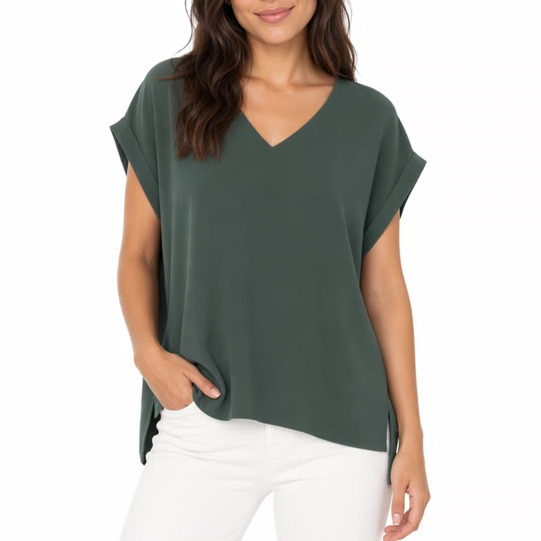 Bobeau Airflow T-Shirt Womens L Green Short Sleeve High Low Hem V-Neck Pullover