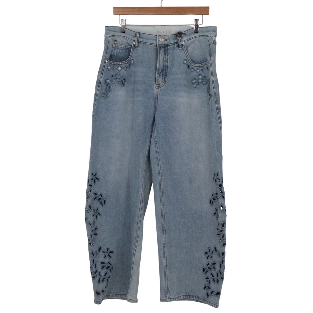 Saige Barrel Jeans Light Wash Floral Eyelet Embroidered Tummy Control 13/31 NEW