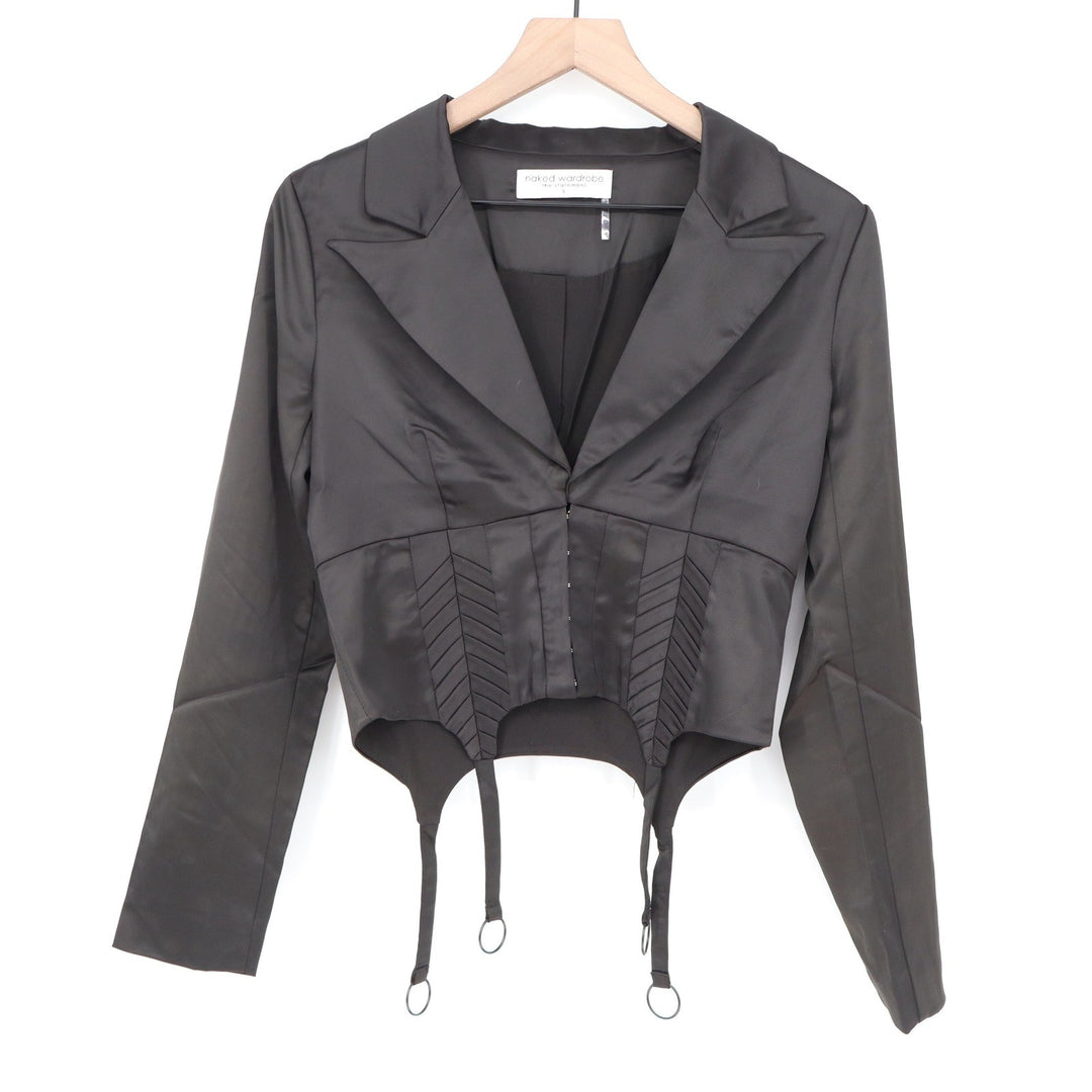 Naked Wardrobe Black Satin Corset Garter Cropped Blazer Jacket Small