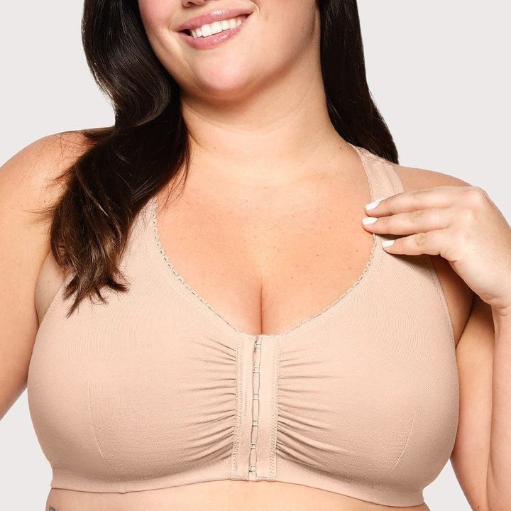 Glamorise Front-Closure Cotton T-Back Comfort Bra Womens 38DDF Nude Racerback