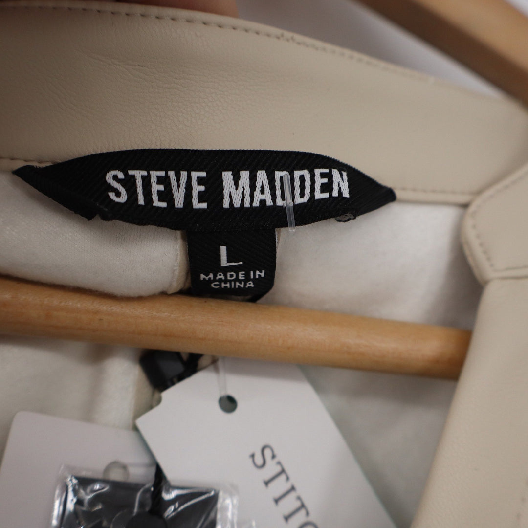 Steve Madden Jane V Neck Top Bone Beige Faux Leather Puff Sleeve Large