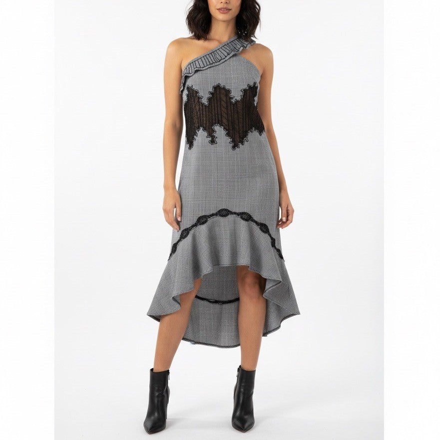 Foxiedox One Shoulder Plaid Ruffle Dress Black White Size 4