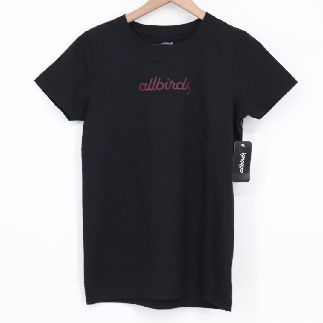 Allbirds Script T-Shirt Womens Small Black Cotton Stretch Short Sleeve Crew Neck