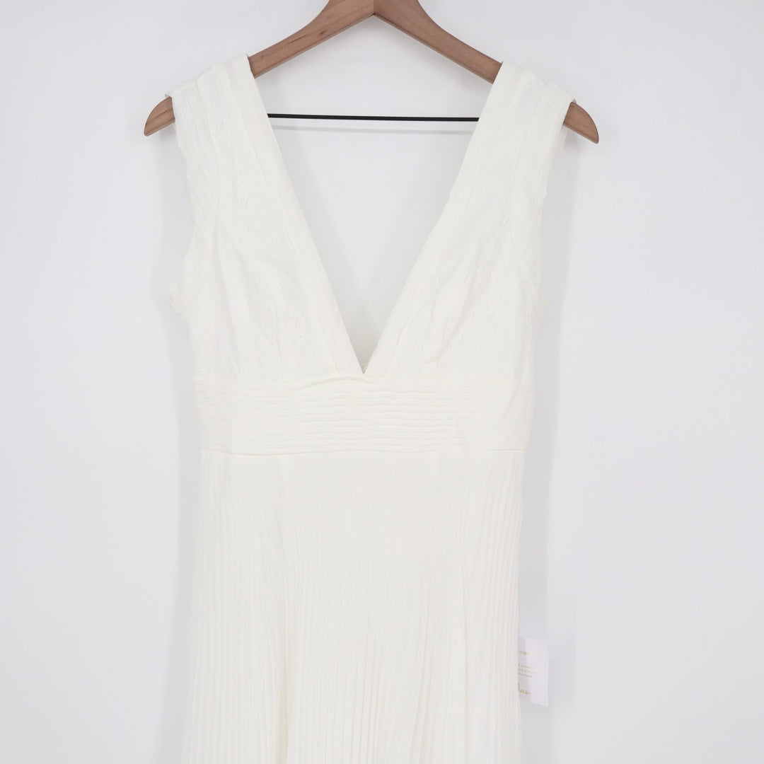 Lulus Gorgeous Forever Maxi Dress Womens S Ivory Chiffon Lace Pleated Backless