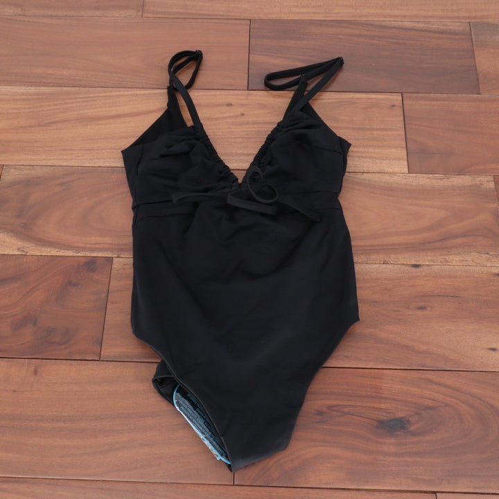 ASOS DESIGN Black V Neck Tie Front One Piece Swimsuit Bathing Suit US 2