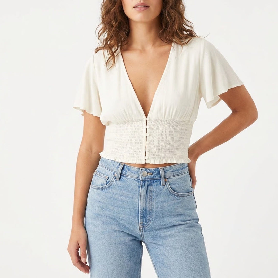 Forever 21 Crop Top Women Large Ivory Smocked Stretch Ruffle Sleeve Button Front