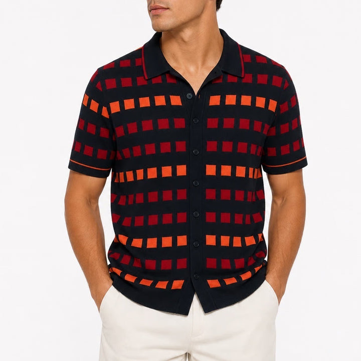 Stacy Adams Mens Knit Polo Shirt Medium Navy Orange Red Geometric Checkered S/S