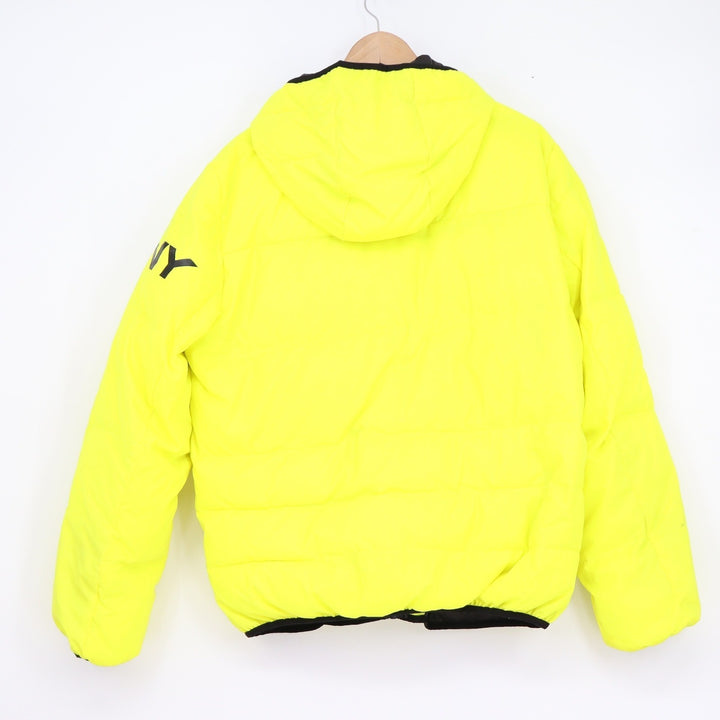DKNY Mens Neon Yellow Hooded Puffer Jacket Logo Sleeve Full Zip Medium