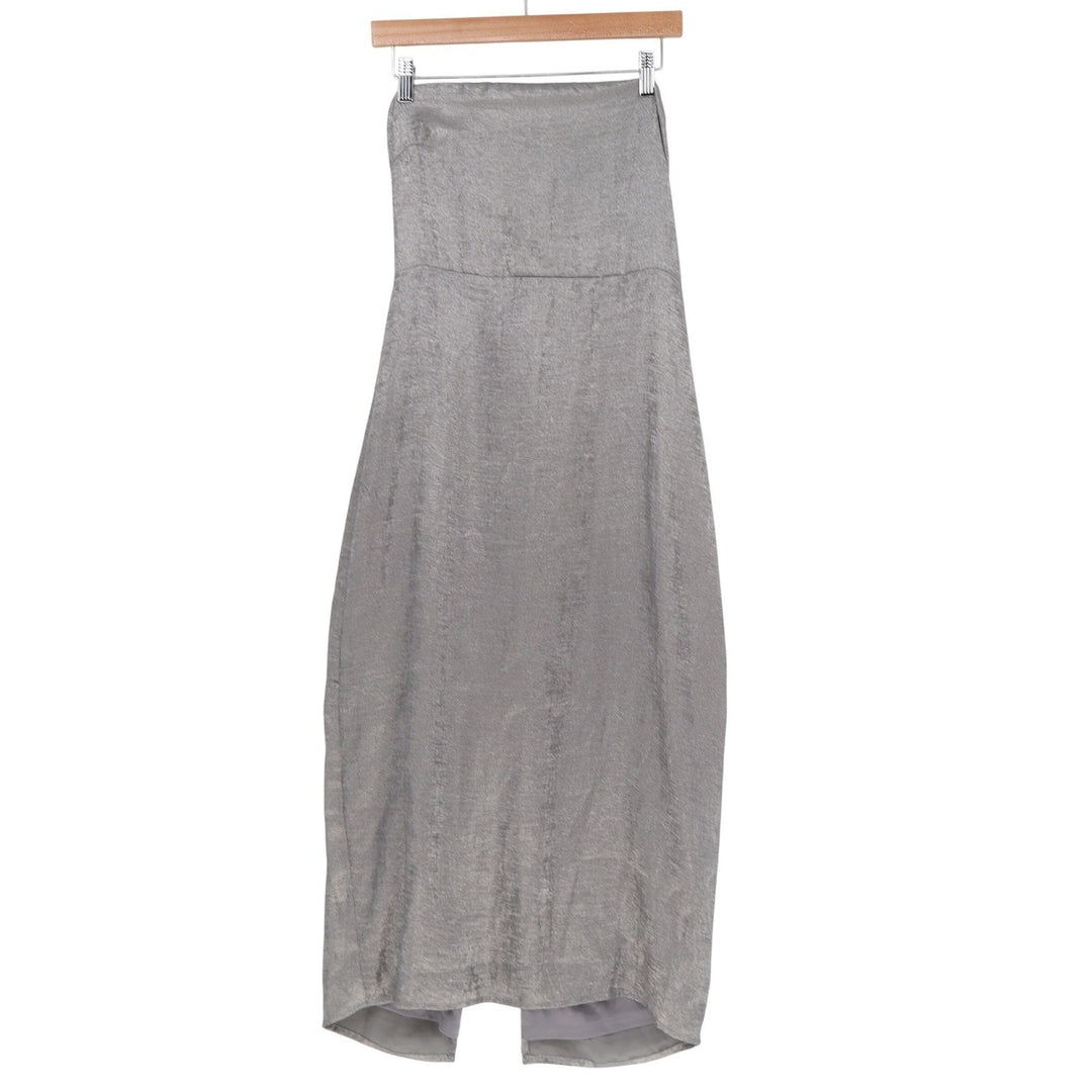 Lulus Silver Metallic Strapless Midi Dress High Low Tulip Hem Size L NWT