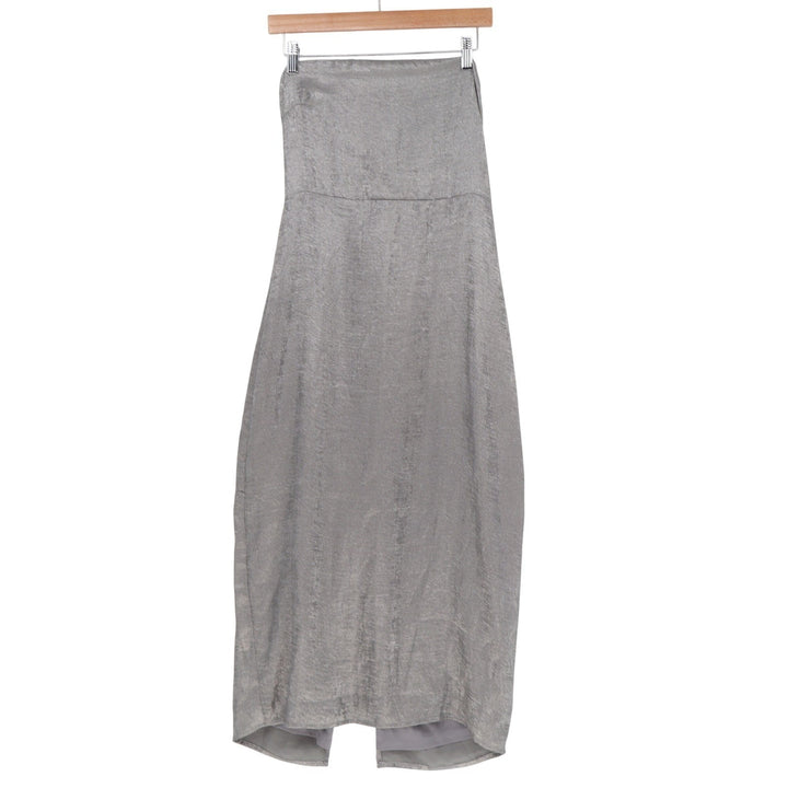 Lulus Silver Metallic Strapless Midi Dress High Low Tulip Hem Size L NWT