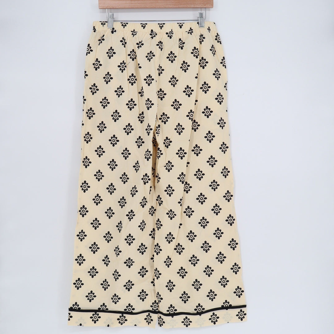 Fashion Cream Black Floral Wide Leg Pants Large Cotton Blend Boho Retro