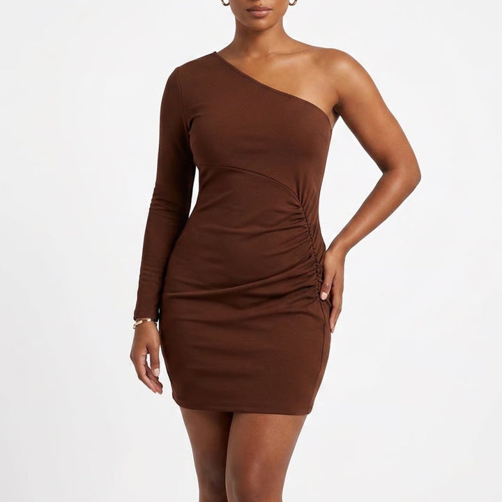 Chocolate Brown One Shoulder Ruched Long Sleeve Mini Bodycon Dress Large