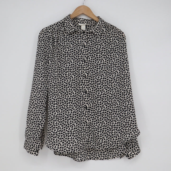 HM Womens Black White Geometric Triangle Print Button Up Blouse Size M