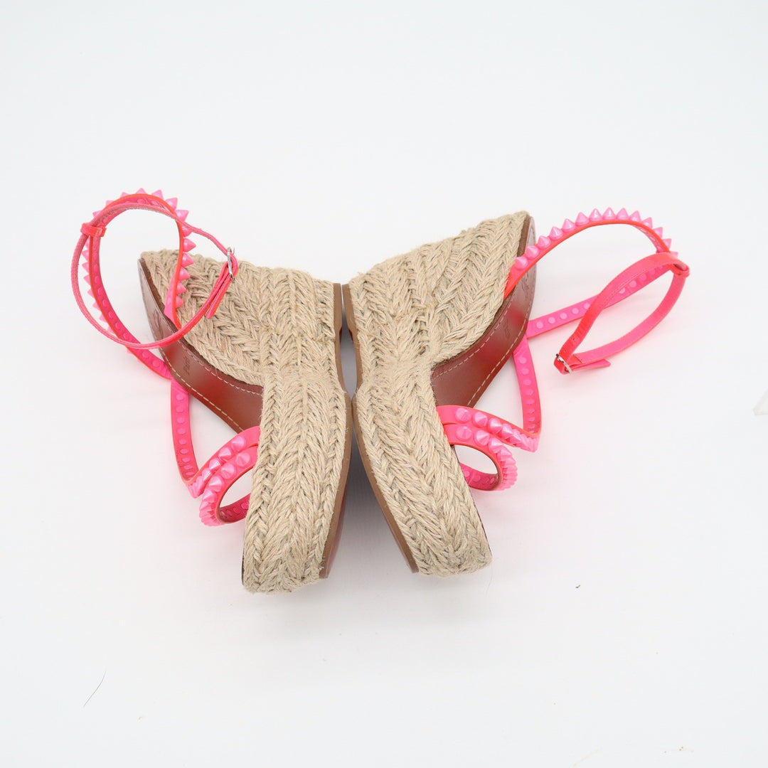 Christian Louboutin Neon Pink Studded Espadrille Wedge Sandals 38