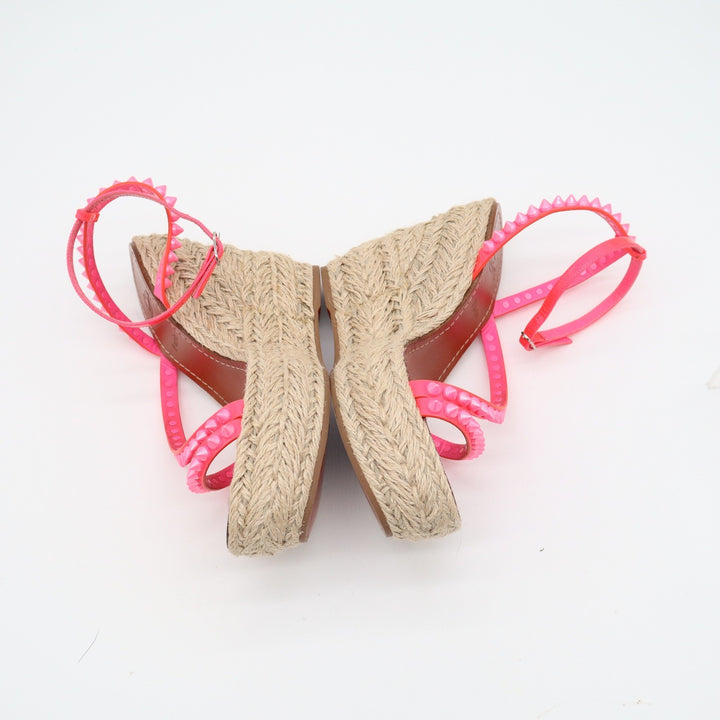 Christian Louboutin Neon Pink Studded Espadrille Wedge Sandals 38