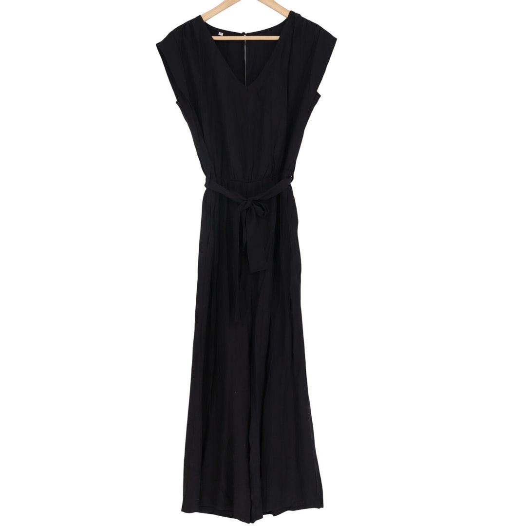 Jumpsuit Womens Small Black V-Neck Belted Waist Sleeveless Wide Leg One Piece