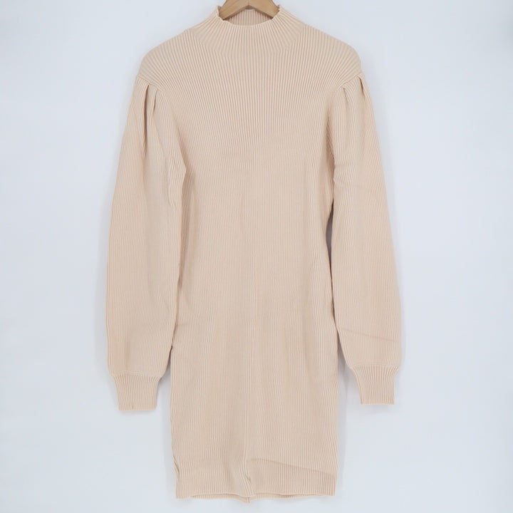 Beige Ribbed Knit Mock Neck Puff Shoulder Sweater Dress XL