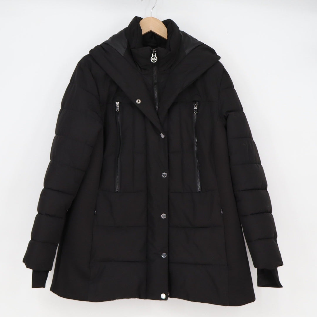 Michael Kors Puffer Jacket Women 1X Black Hooded Quilted Zip Up Good