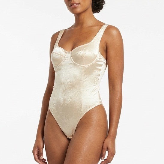 Zara Bodysuit Womens Small Cream Satin Stretch Underwire Side Zip Wide Strap