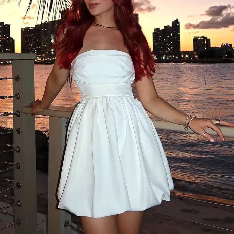 Showpo Shaima White Strapless Pleated Bubble Hem Mini Dress Size 2 NEW