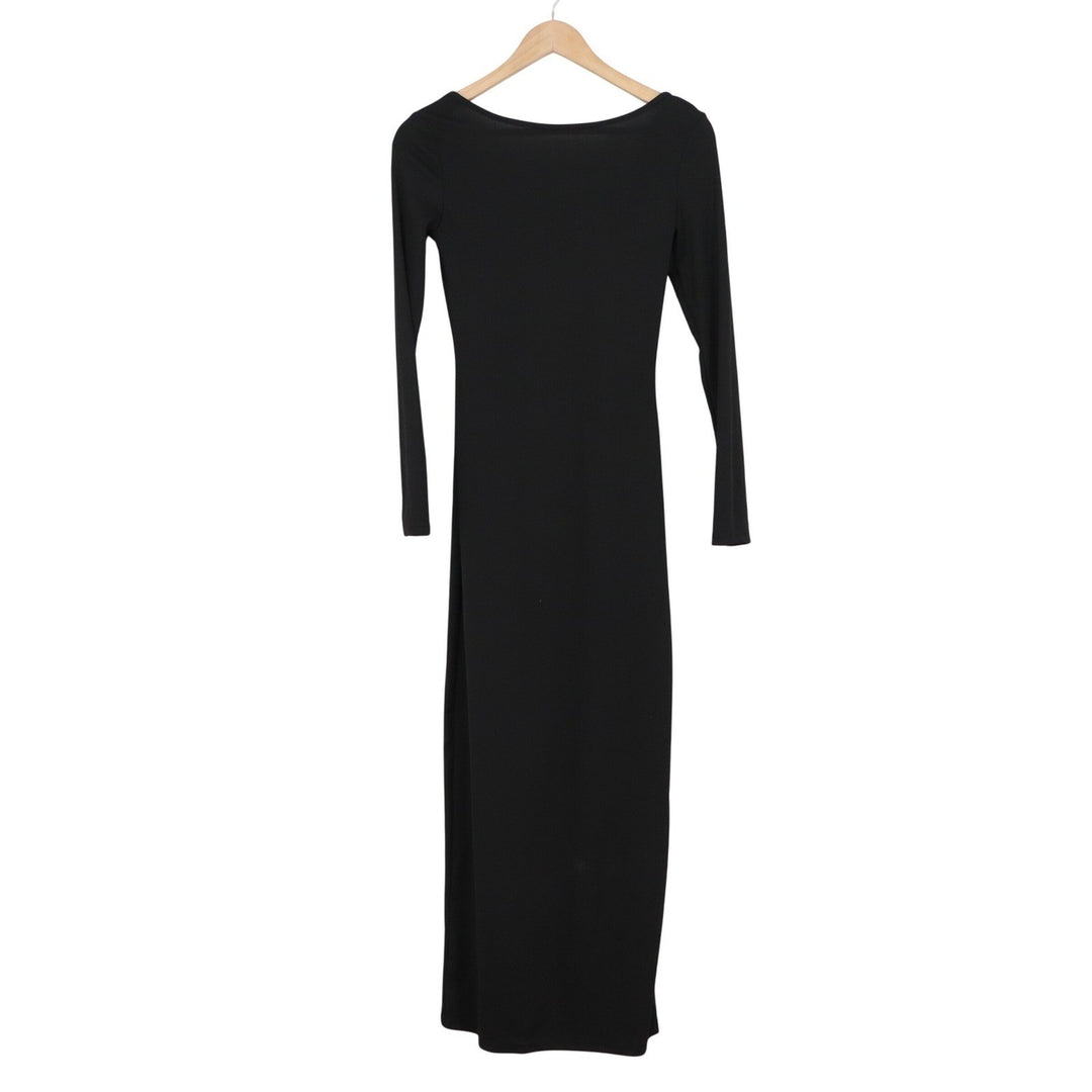 Black Ribbed Knit Square Neck Long Sleeve Bodycon Maxi Dress XS