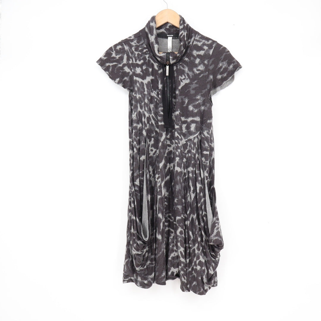 Kensie Grey Leopard Print Cowl Neck Short Sleeve Dress with Pockets XS