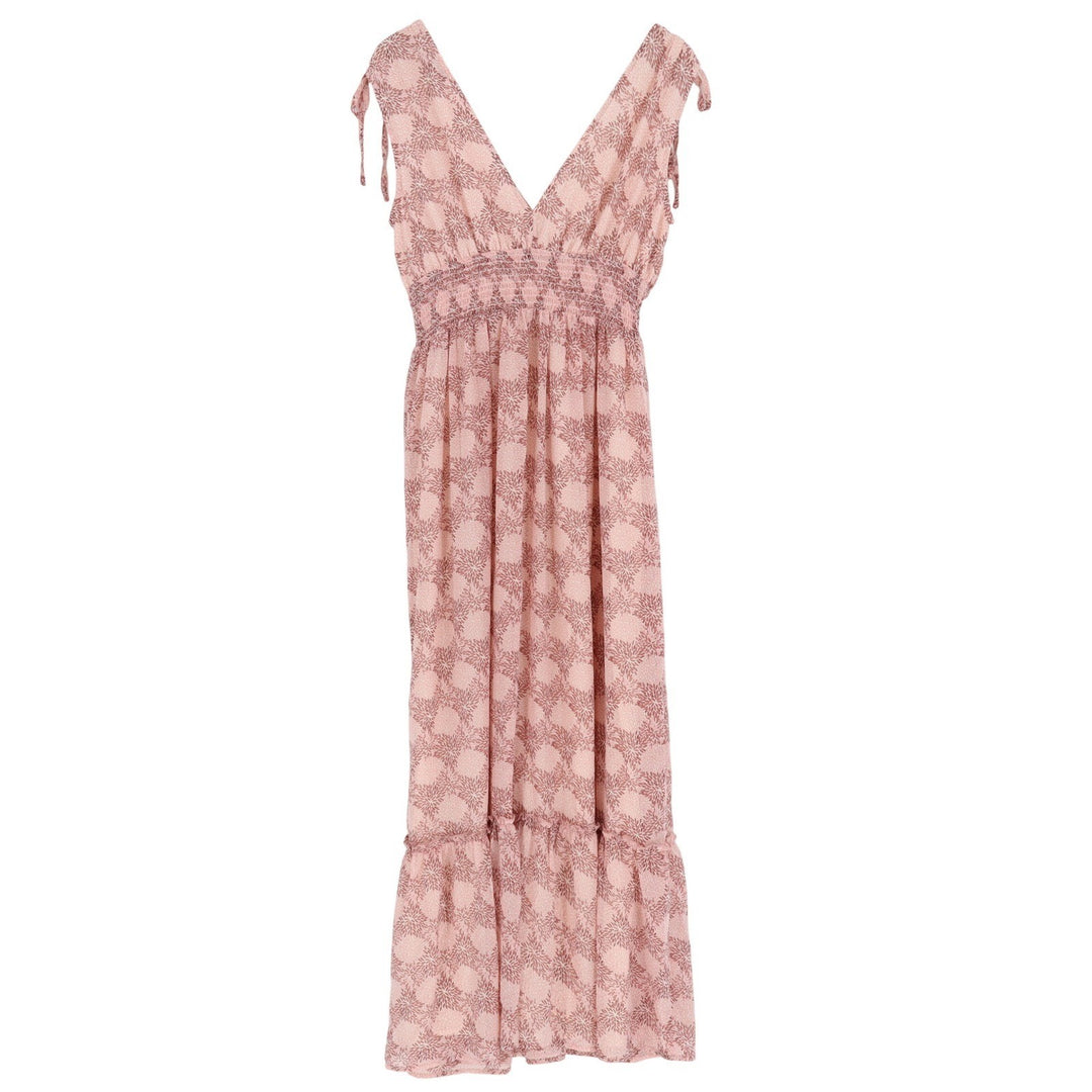 Lush Pink Floral Medallion V-Neck Smocked Waist Tie Shoulder Maxi Dress Large