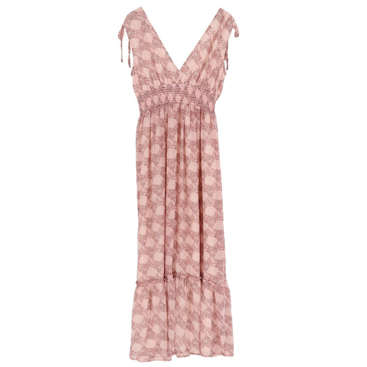 Lush Pink Floral Medallion V-Neck Smocked Waist Tie Shoulder Maxi Dress Large