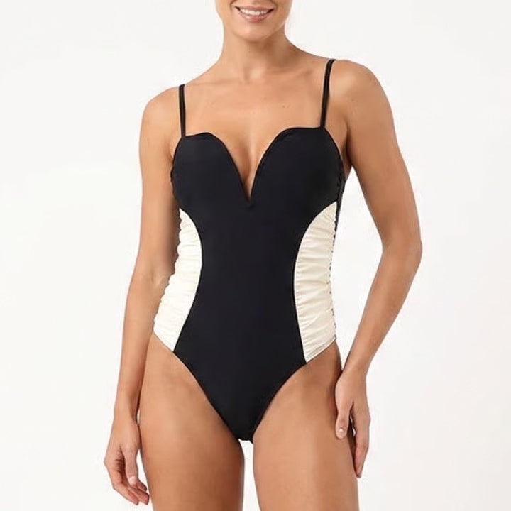 Cupshe Black Cream Colorblock Ruched V-Neck One-Piece Swimsuit Womens Medium NEW