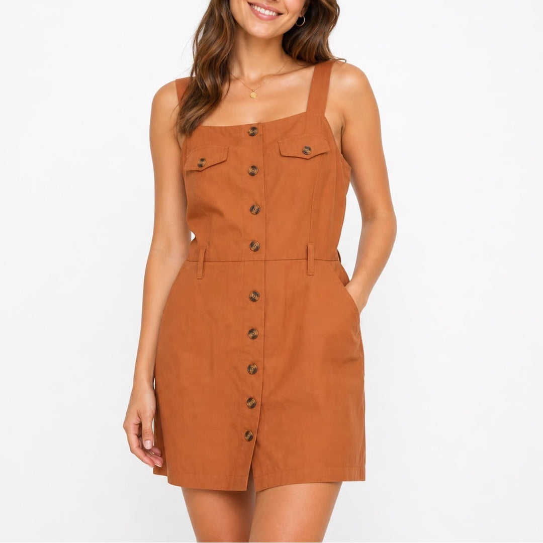 Justify Womens XL Rust Orange Button Front Pinafore Jumper Mini Dress Pockets