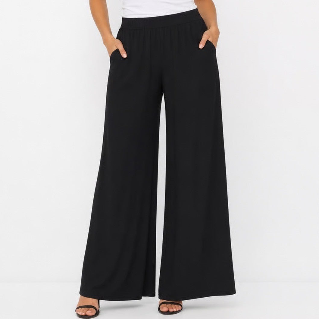 Black Wide Leg Knit Jersey Trousers High Waist Elastic Pocket Pants Large 4419