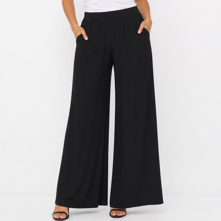 Black Wide Leg Knit Jersey Trousers High Waist Elastic Pocket Pants Large 4419