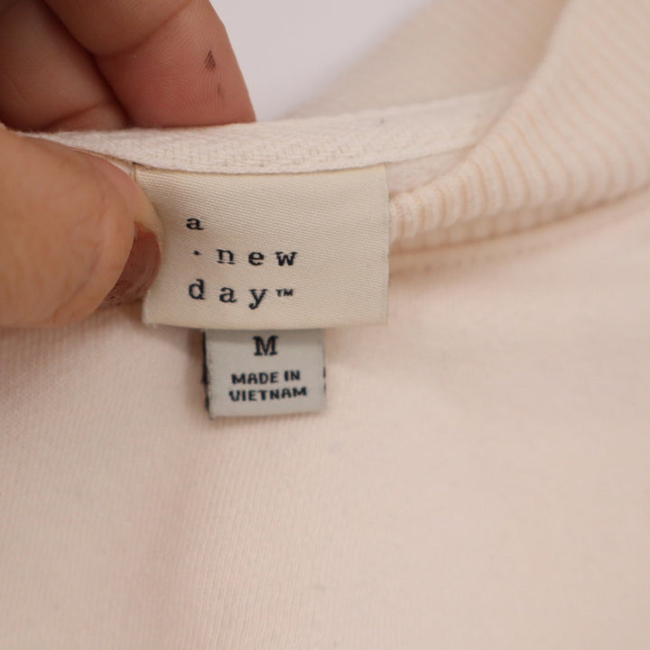 A New Day Cream Crewneck Sweatshirt Womens Medium Dropped Shoulder Ribbed Trim