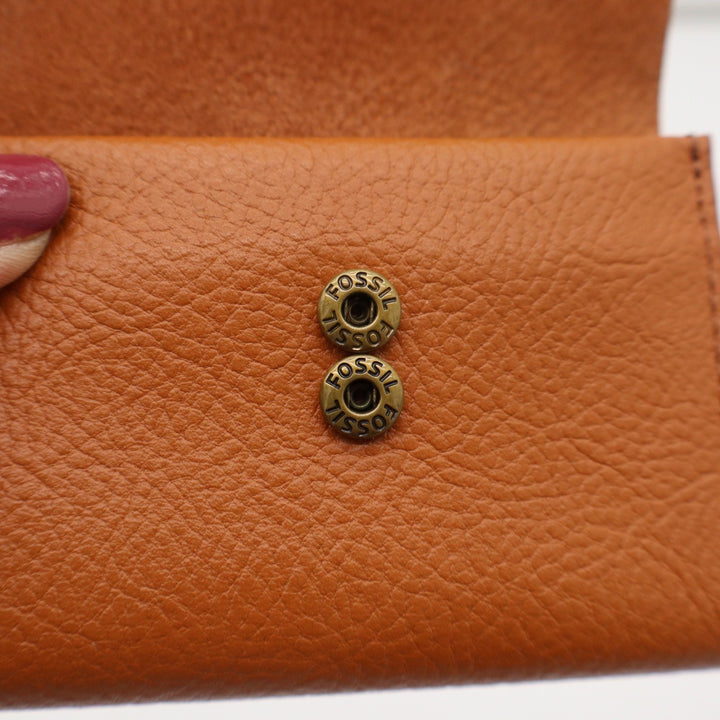 Fossil Tan Pebbled Leather Trifold Compact Wallet with Coin Pouch Brass Snap