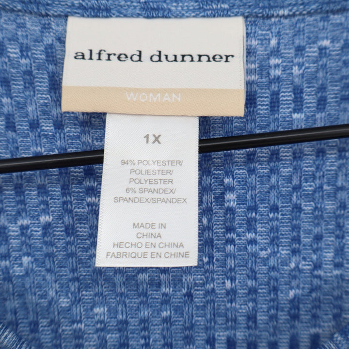 Alfred Dunner Top Womens 1X Space Dye Blue Lattice V-Neck 3/4 Sleeve Excellent