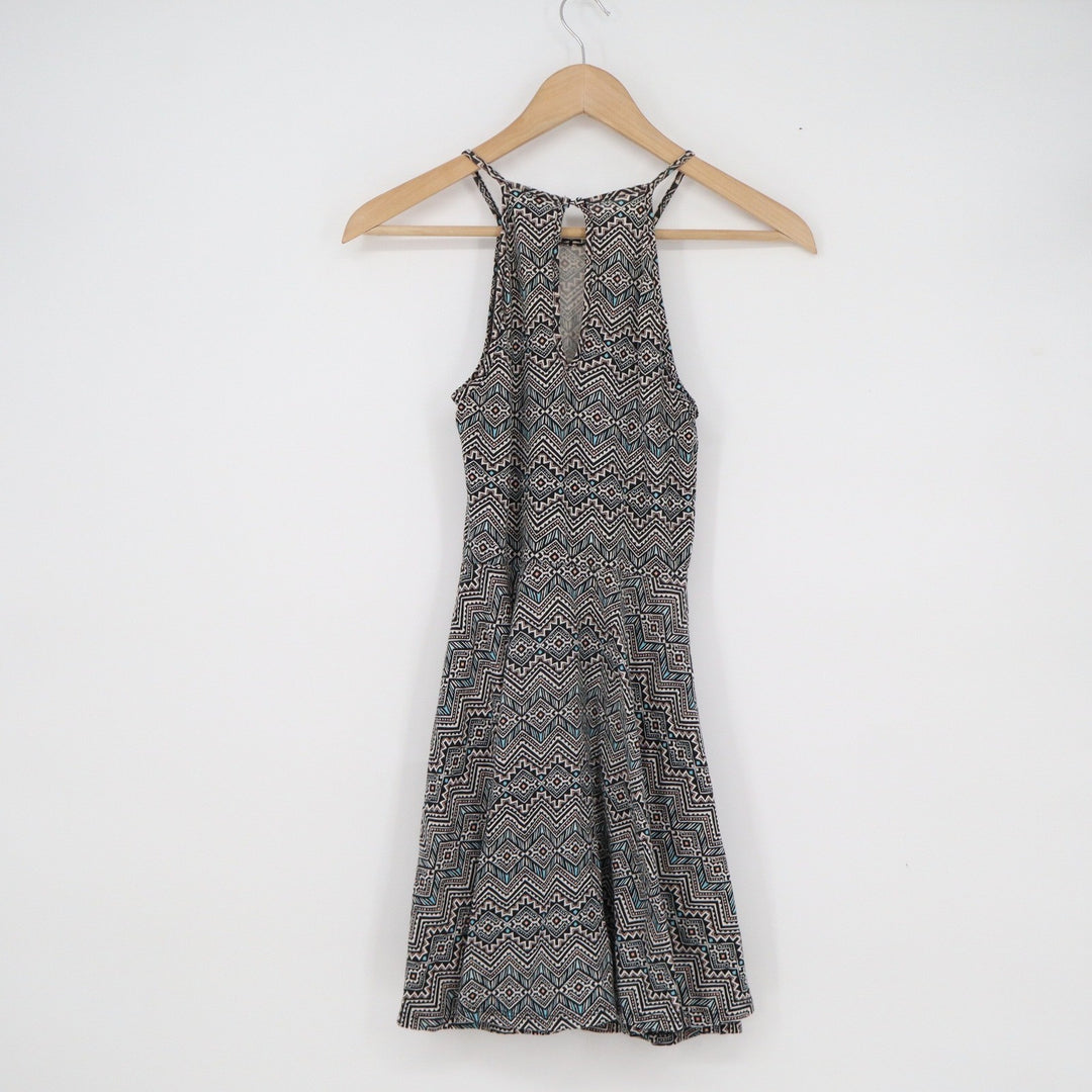 Aeropostale Halter Dress Womens XS Black Teal Geometric Tribal Print Mini Skater