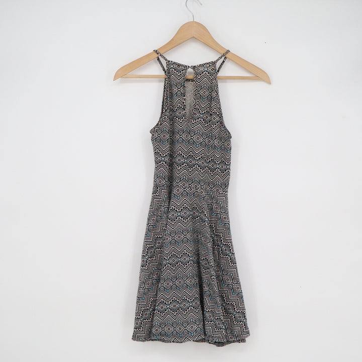 Aeropostale Halter Dress Womens XS Black Teal Geometric Tribal Print Mini Skater