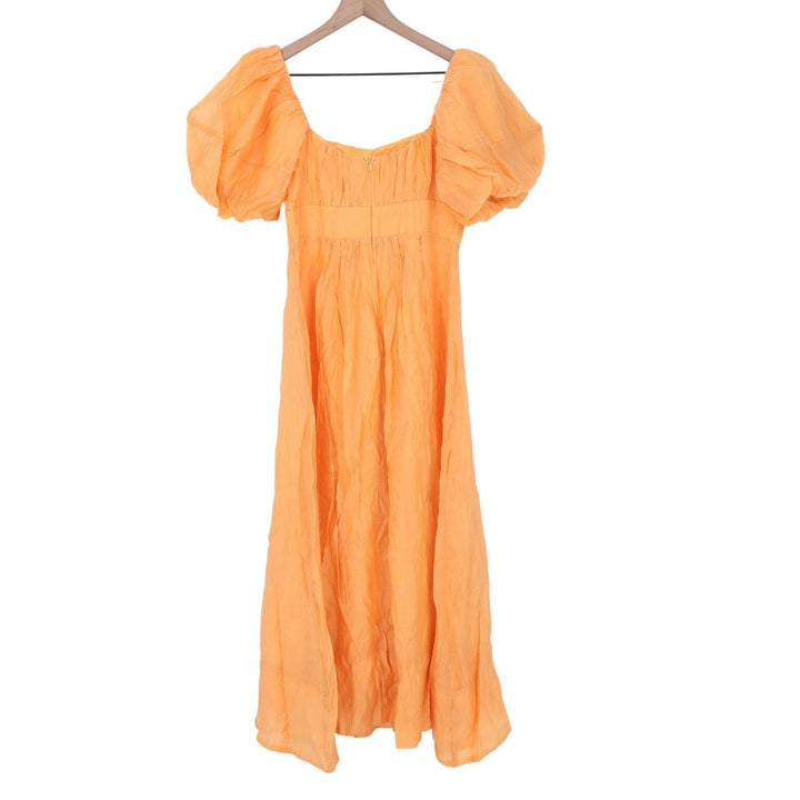 Showpo Roshine Orange Puff Sleeve Straight Neck Midi Dress Size 4